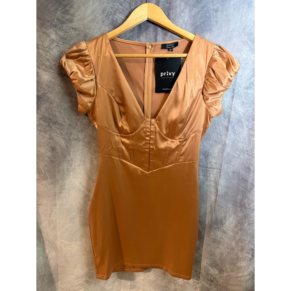 Privy Women Bronze Satin Corset Mini Dress Puffed Cap Sleeve V-Neck PD75532N M